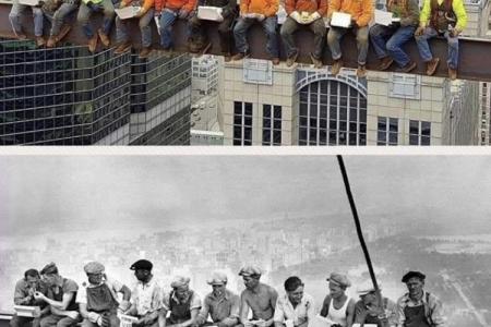 Workers remake the iconic “lunch atop a skyscraper” photo that was originally captured in 1932.